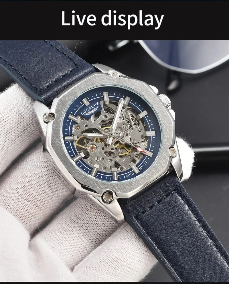 Mann uhr automatische bewegung cool großhandel automatische uhr luxus skelett wasserdicht leder LONGLUX mechanische armbanduhren