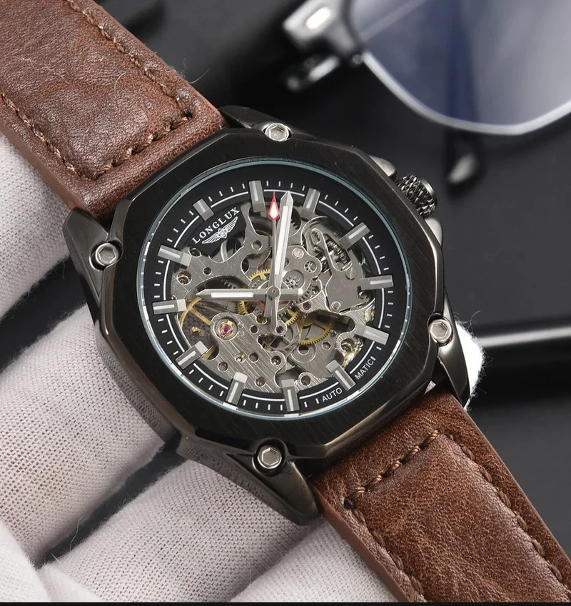 Mann uhr automatische bewegung cool großhandel automatische uhr luxus skelett wasserdicht leder LONGLUX mechanische armbanduhren