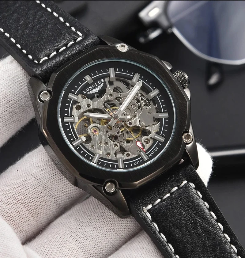 Mann uhr automatische bewegung cool großhandel automatische uhr luxus skelett wasserdicht leder LONGLUX mechanische armbanduhren