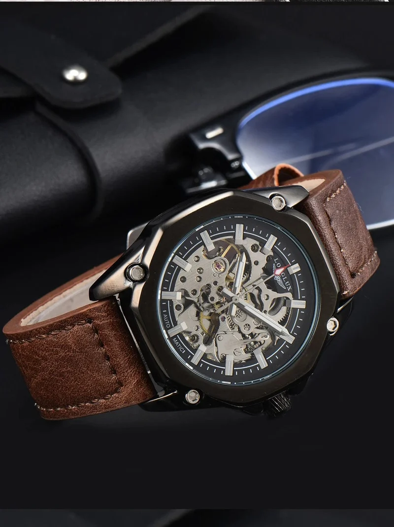 Mann uhr automatische bewegung cool großhandel automatische uhr luxus skelett wasserdicht leder LONGLUX mechanische armbanduhren