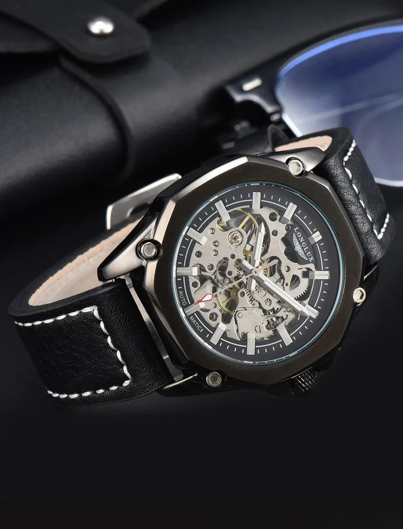 Mann uhr automatische bewegung cool großhandel automatische uhr luxus skelett wasserdicht leder LONGLUX mechanische armbanduhren