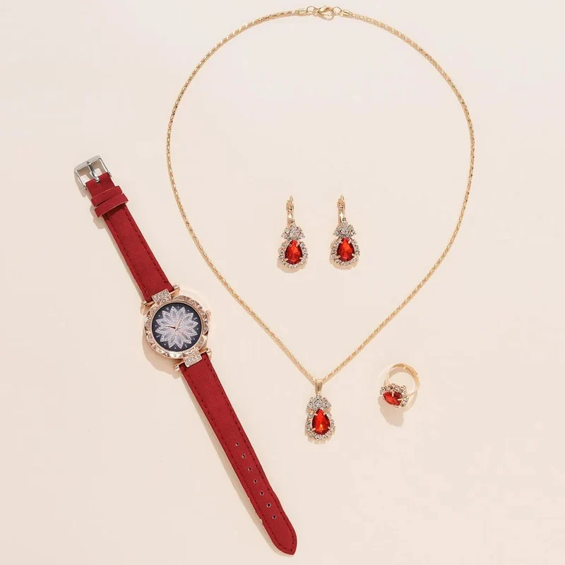 5-teiliges Uhrenset für Damen, Lederarmband, Damenuhr, schlicht, lässig, analoge Damenarmbanduhr, Geschenk, Montre Femme (ohne Box)