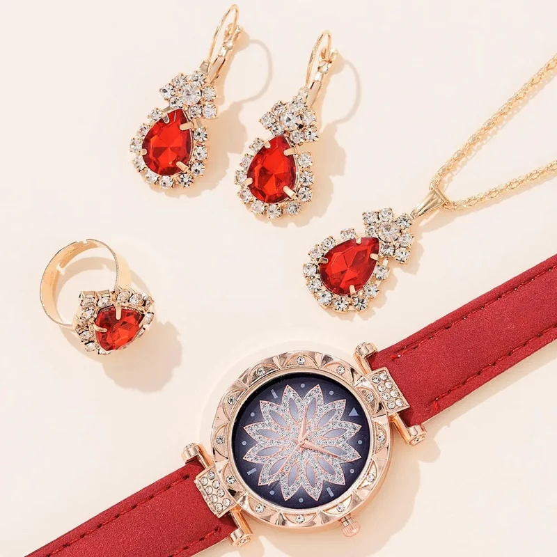 5-teiliges Uhrenset für Damen, Lederarmband, Damenuhr, schlicht, lässig, analoge Damenarmbanduhr, Geschenk, Montre Femme (ohne Box)
