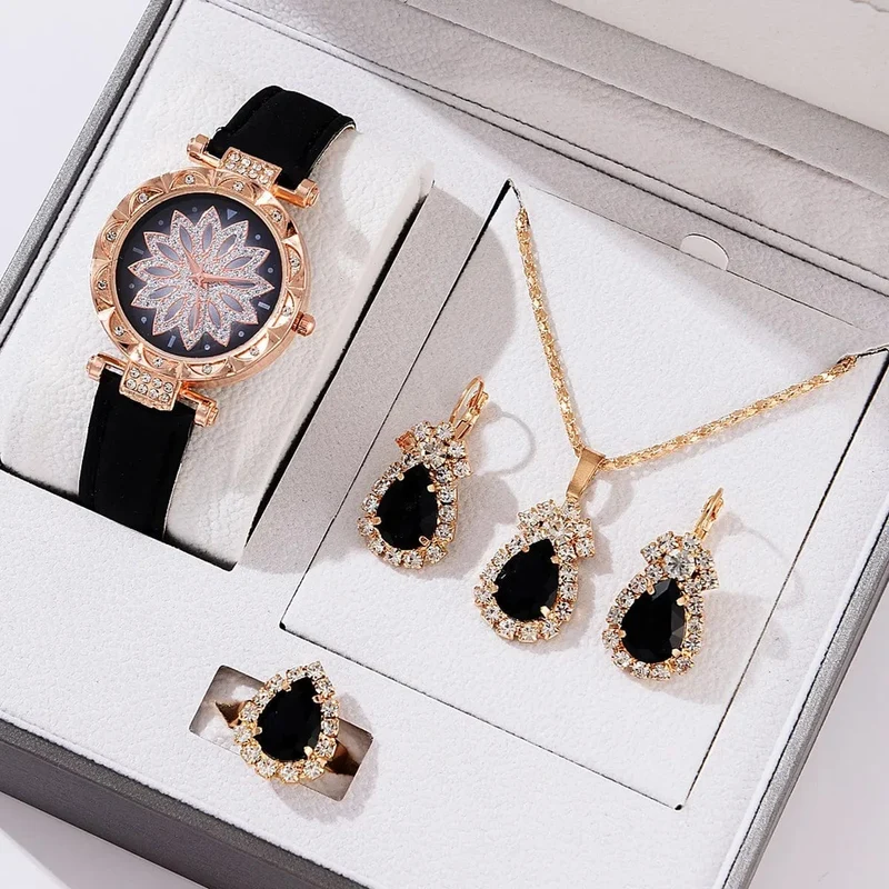 5-teiliges Uhrenset für Damen, Lederarmband, Damenuhr, schlicht, lässig, analoge Damenarmbanduhr, Geschenk, Montre Femme (ohne Box)