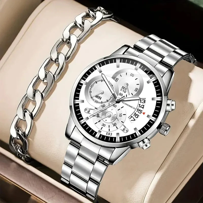 1 Stück Herren Casual Business Trend Roman Day Digitale Stahlband Quarzuhr 1 Stück Luxus Legierung Armband Geburtstag Weihnachtsgeschenk Set