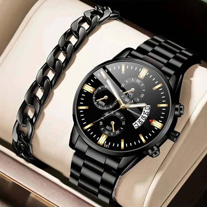 1 Stück Herren Casual Business Trend Roman Day Digitale Stahlband Quarzuhr 1 Stück Luxus Legierung Armband Geburtstag Weihnachtsgeschenk Set