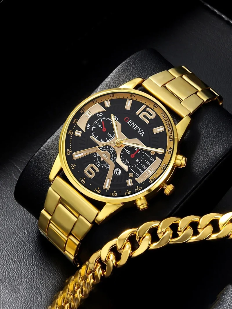 1 Stück Herren Casual Business Trend Roman Day Digitale Stahlband Quarzuhr 1 Stück Luxus Legierung Armband Geburtstag Weihnachtsgeschenk Set