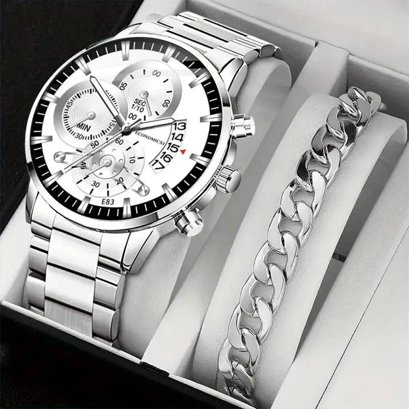 1 Stück Herren Casual Business Trend Roman Day Digitale Stahlband Quarzuhr 1 Stück Luxus Legierung Armband Geburtstag Weihnachtsgeschenk Set