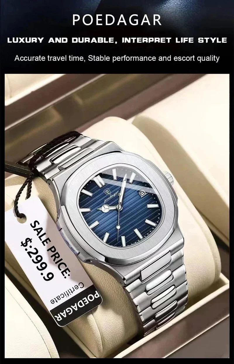 POEDAGAR Luxus Uhr Business Wasserdichte Männliche Uhr Leucht Datum Edelstahl Quadrat Quarz Männer Uhr reloj hombre 2024 Neue