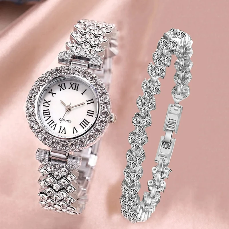 2 stücke Luxus Frauen Strass Rose Gold Uhr Mode Damen Quarz Diamant Armbanduhr Elegante Weibliche Armband Uhren Set Geschenk