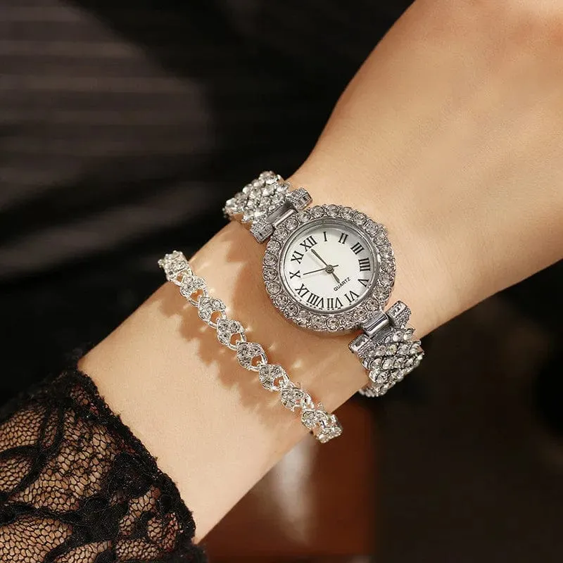 2 stücke Luxus Frauen Strass Rose Gold Uhr Mode Damen Quarz Diamant Armbanduhr Elegante Weibliche Armband Uhren Set Geschenk