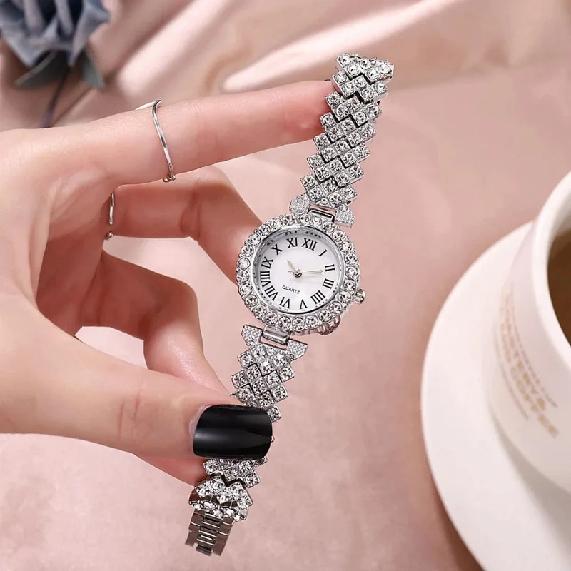 2 stücke Luxus Frauen Strass Rose Gold Uhr Mode Damen Quarz Diamant Armbanduhr Elegante Weibliche Armband Uhren Set Geschenk