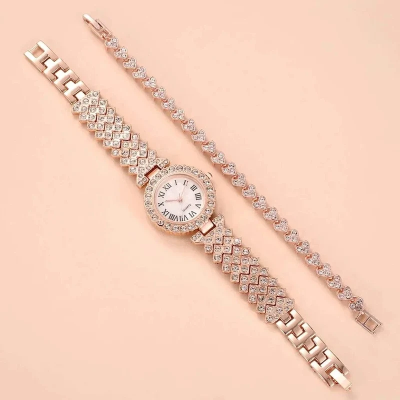 2 stücke Luxus Frauen Strass Rose Gold Uhr Mode Damen Quarz Diamant Armbanduhr Elegante Weibliche Armband Uhren Set Geschenk