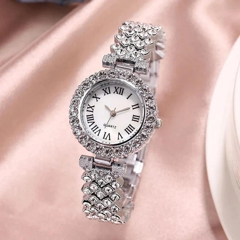 2 stücke Luxus Frauen Strass Rose Gold Uhr Mode Damen Quarz Diamant Armbanduhr Elegante Weibliche Armband Uhren Set Geschenk