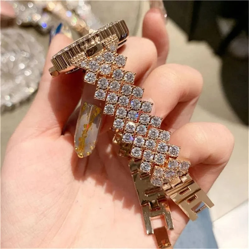 2 stücke Luxus Frauen Strass Rose Gold Uhr Mode Damen Quarz Diamant Armbanduhr Elegante Weibliche Armband Uhren Set Geschenk
