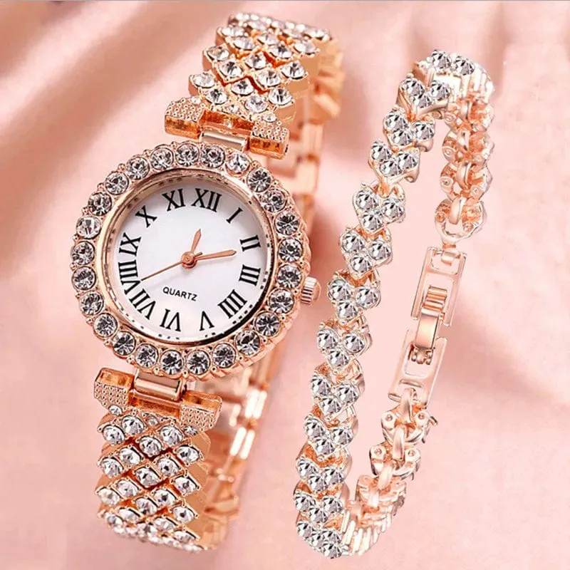 2 stücke Luxus Frauen Strass Rose Gold Uhr Mode Damen Quarz Diamant Armbanduhr Elegante Weibliche Armband Uhren Set Geschenk