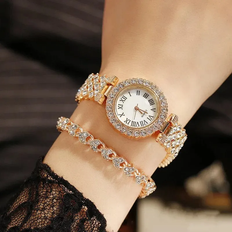 2 stücke Luxus Frauen Strass Rose Gold Uhr Mode Damen Quarz Diamant Armbanduhr Elegante Weibliche Armband Uhren Set Geschenk