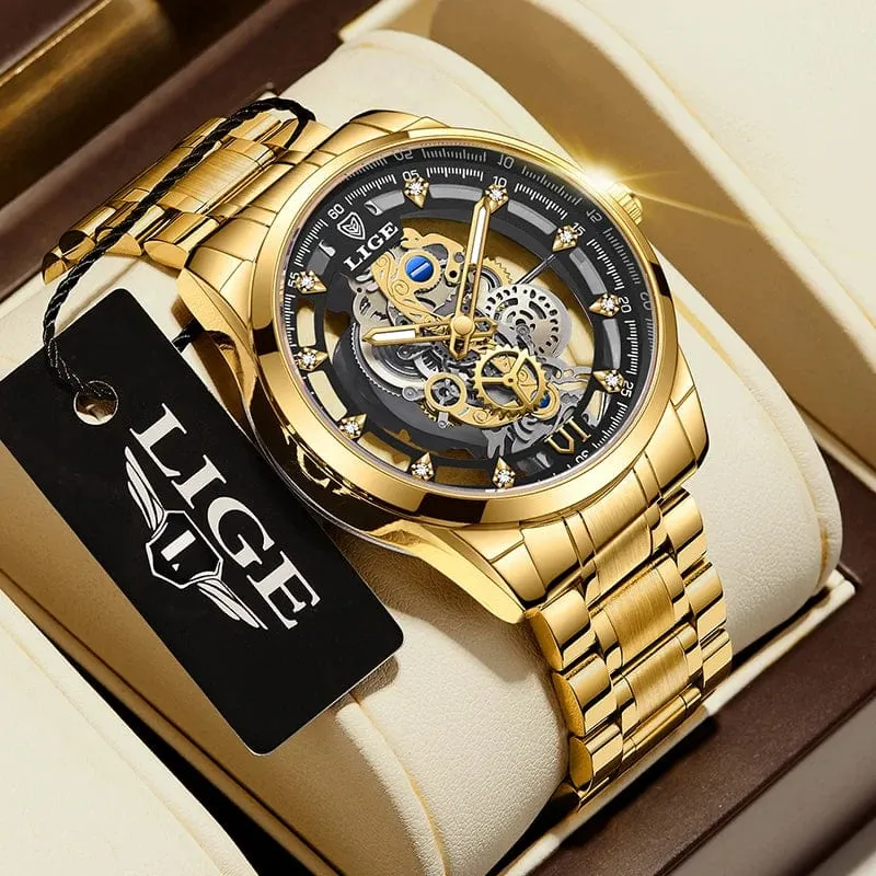 2024 LIGE Männer Uhr Skeleton Automatische Quarzuhr Gold Skeleton Vintage Mann Uhr Herren Uhren Top Brand Luxus часы мужские