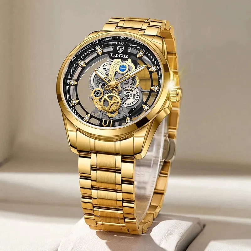 2024 LIGE Männer Uhr Skeleton Automatische Quarzuhr Gold Skeleton Vintage Mann Uhr Herren Uhren Top Brand Luxus часы мужские