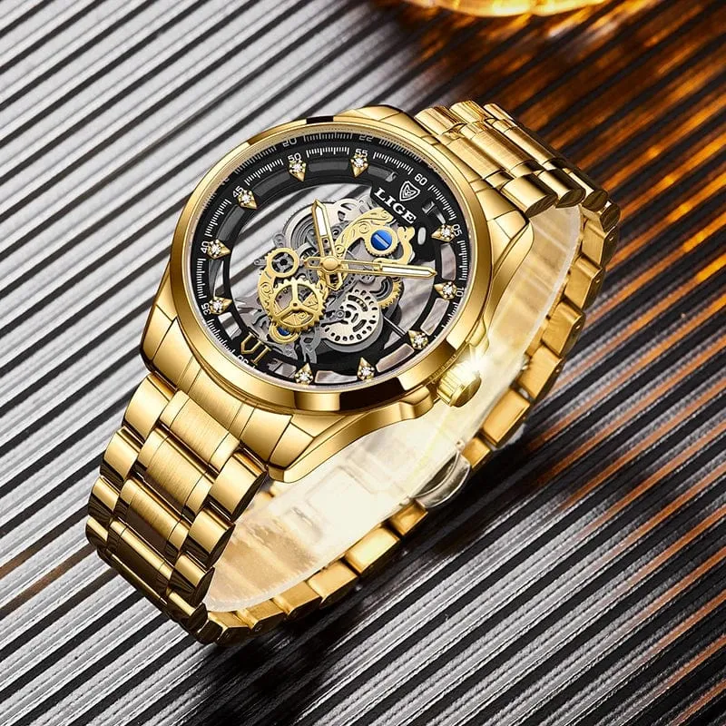 2024 LIGE Männer Uhr Skeleton Automatische Quarzuhr Gold Skeleton Vintage Mann Uhr Herren Uhren Top Brand Luxus часы мужские