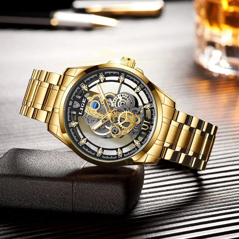 2024 LIGE Männer Uhr Skeleton Automatische Quarzuhr Gold Skeleton Vintage Mann Uhr Herren Uhren Top Brand Luxus часы мужские