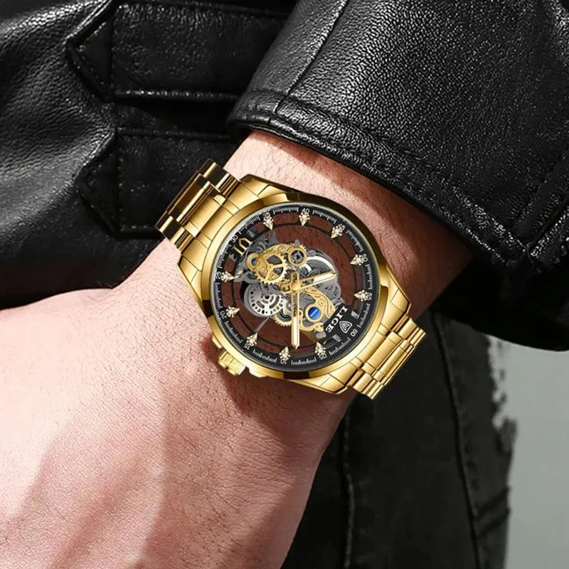 2024 LIGE Männer Uhr Skeleton Automatische Quarzuhr Gold Skeleton Vintage Mann Uhr Herren Uhren Top Brand Luxus часы мужские