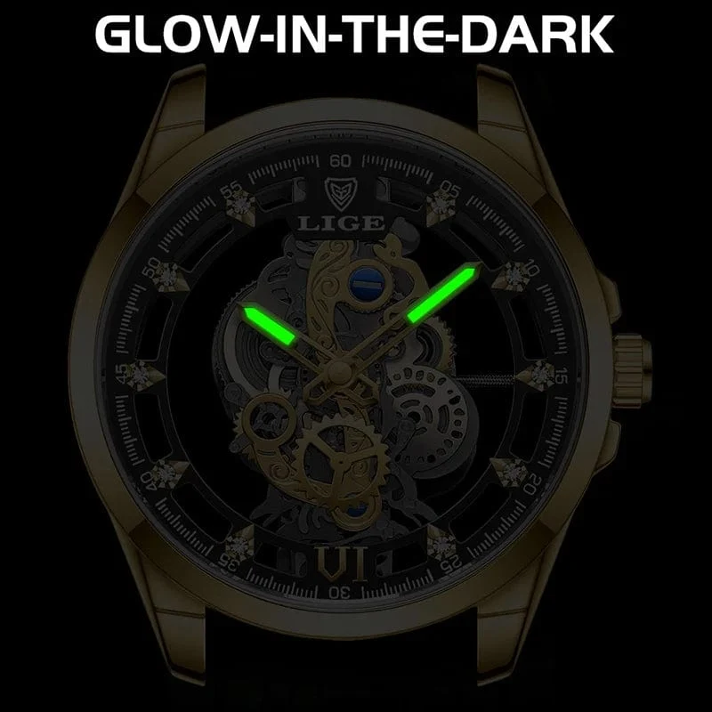 2024 LIGE Männer Uhr Skeleton Automatische Quarzuhr Gold Skeleton Vintage Mann Uhr Herren Uhren Top Brand Luxus часы мужские