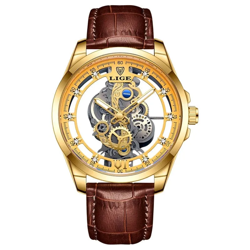 2024 LIGE Männer Uhr Skeleton Automatische Quarzuhr Gold Skeleton Vintage Mann Uhr Herren Uhren Top Brand Luxus часы мужские