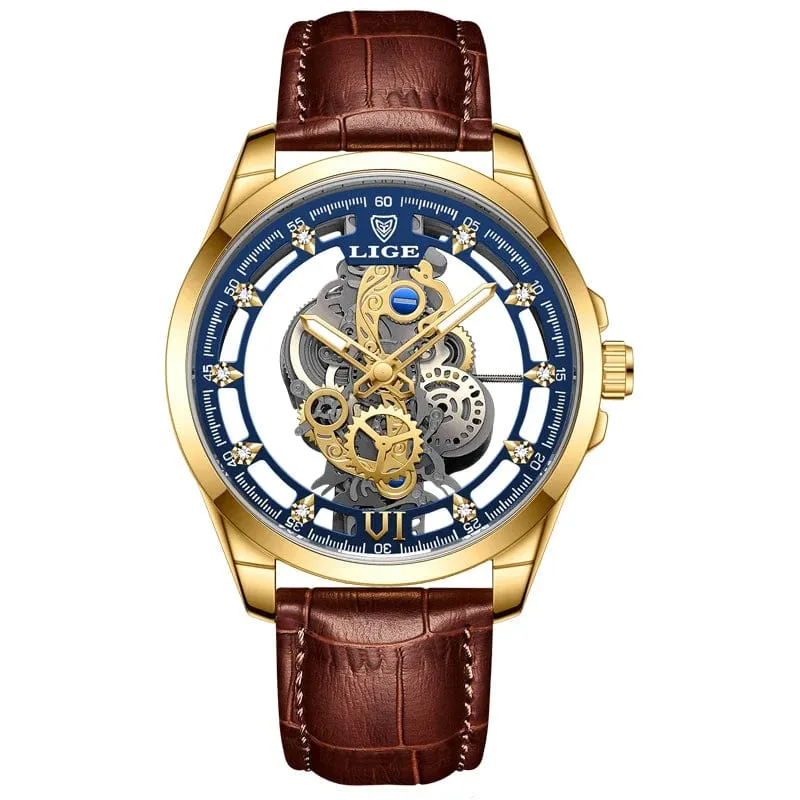 2024 LIGE Männer Uhr Skeleton Automatische Quarzuhr Gold Skeleton Vintage Mann Uhr Herren Uhren Top Brand Luxus часы мужские