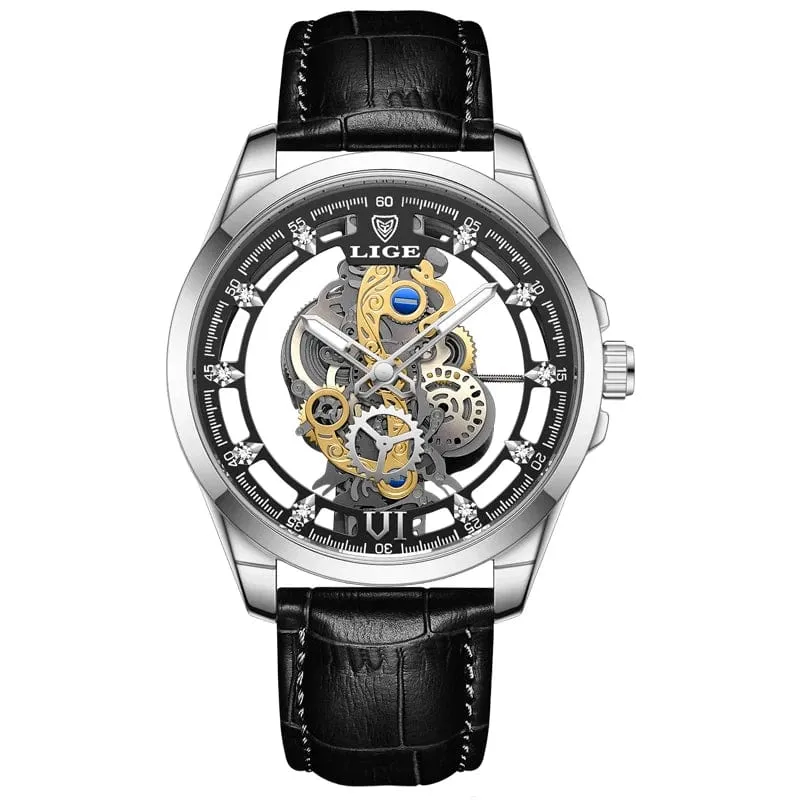 2024 LIGE Männer Uhr Skeleton Automatische Quarzuhr Gold Skeleton Vintage Mann Uhr Herren Uhren Top Brand Luxus часы мужские