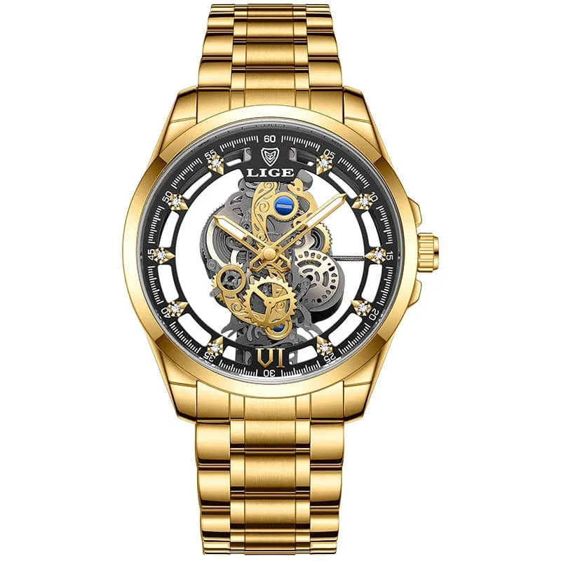 2024 LIGE Männer Uhr Skeleton Automatische Quarzuhr Gold Skeleton Vintage Mann Uhr Herren Uhren Top Brand Luxus часы мужские