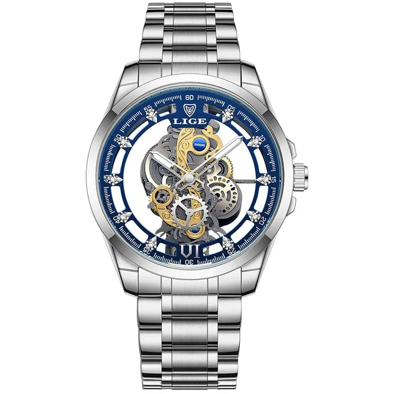 2024 LIGE Männer Uhr Skeleton Automatische Quarzuhr Gold Skeleton Vintage Mann Uhr Herren Uhren Top Brand Luxus часы мужские