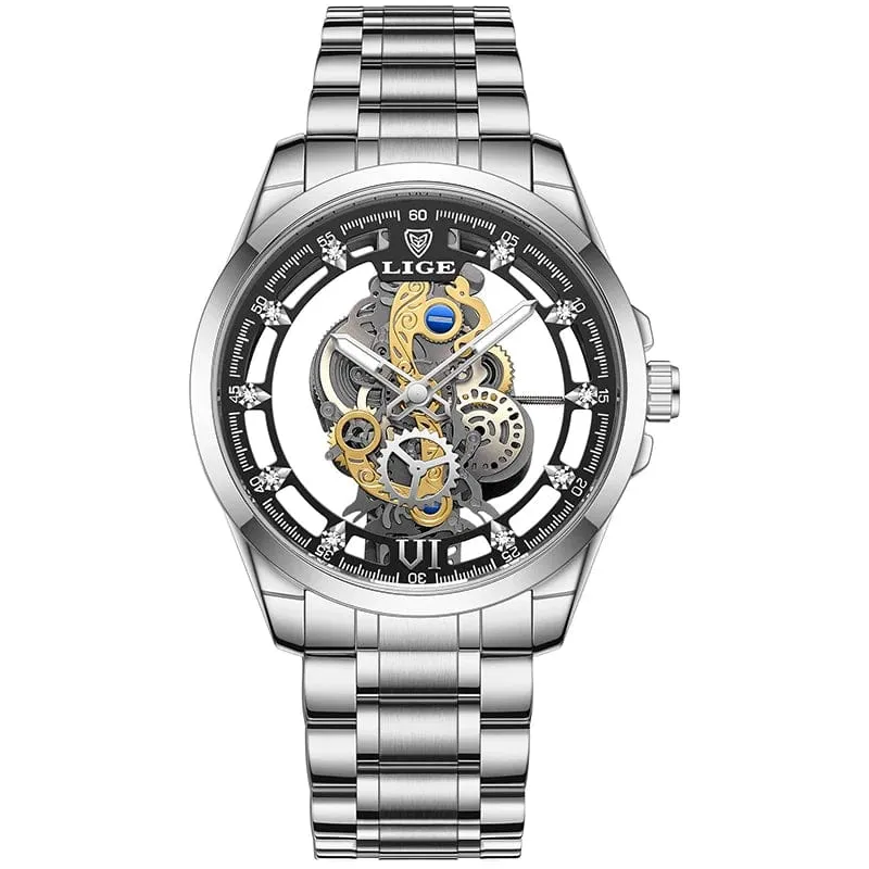 2024 LIGE Männer Uhr Skeleton Automatische Quarzuhr Gold Skeleton Vintage Mann Uhr Herren Uhren Top Brand Luxus часы мужские