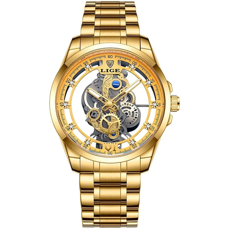 2024 LIGE Männer Uhr Skeleton Automatische Quarzuhr Gold Skeleton Vintage Mann Uhr Herren Uhren Top Brand Luxus часы мужские