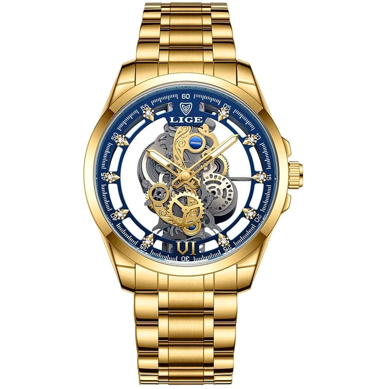 2024 LIGE Männer Uhr Skeleton Automatische Quarzuhr Gold Skeleton Vintage Mann Uhr Herren Uhren Top Brand Luxus часы мужские