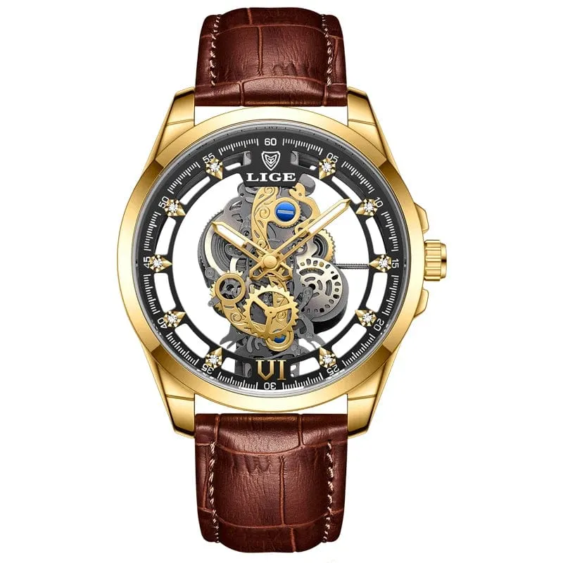 2024 LIGE Männer Uhr Skeleton Automatische Quarzuhr Gold Skeleton Vintage Mann Uhr Herren Uhren Top Brand Luxus часы мужские