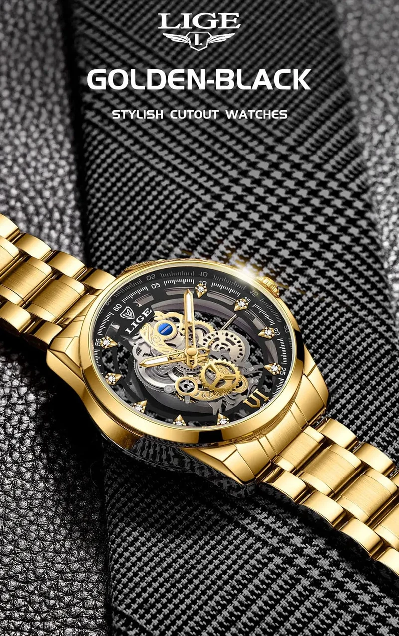 2024 LIGE Männer Uhr Skeleton Automatische Quarzuhr Gold Skeleton Vintage Mann Uhr Herren Uhren Top Brand Luxus часы мужские