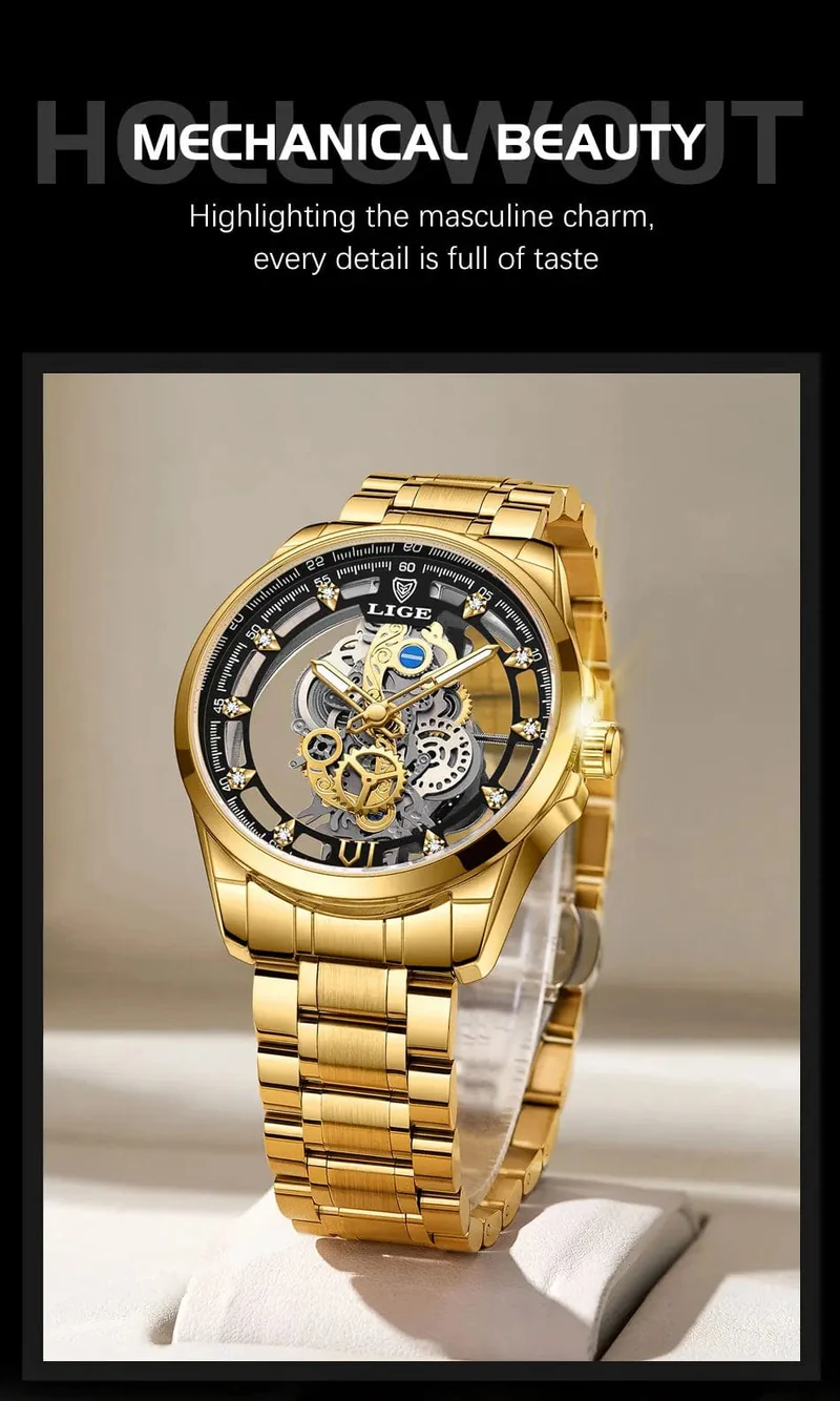 2024 LIGE Männer Uhr Skeleton Automatische Quarzuhr Gold Skeleton Vintage Mann Uhr Herren Uhren Top Brand Luxus часы мужские
