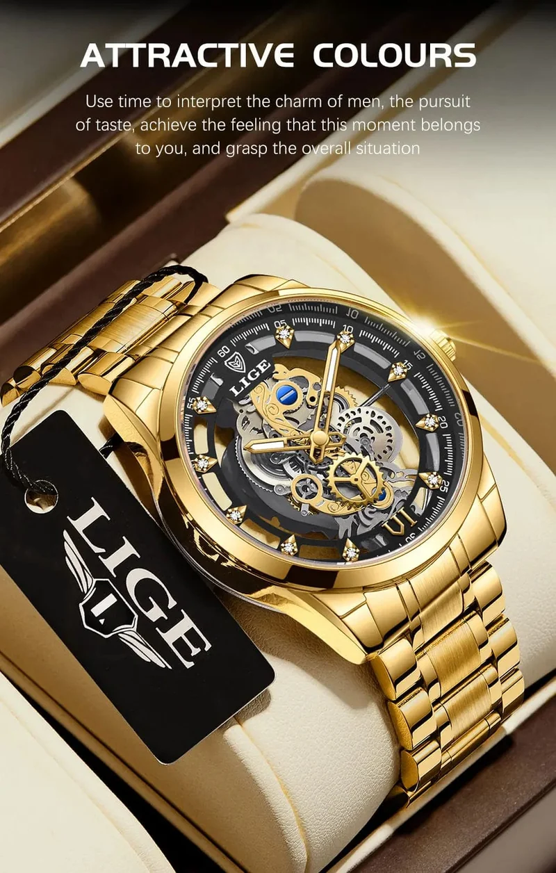 2024 LIGE Männer Uhr Skeleton Automatische Quarzuhr Gold Skeleton Vintage Mann Uhr Herren Uhren Top Brand Luxus часы мужские