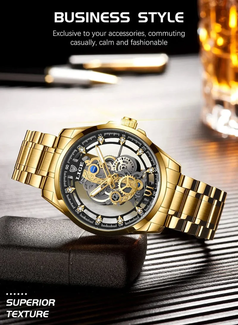 2024 LIGE Männer Uhr Skeleton Automatische Quarzuhr Gold Skeleton Vintage Mann Uhr Herren Uhren Top Brand Luxus часы мужские