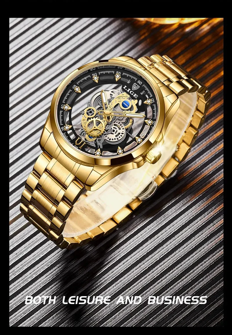 2024 LIGE Männer Uhr Skeleton Automatische Quarzuhr Gold Skeleton Vintage Mann Uhr Herren Uhren Top Brand Luxus часы мужские