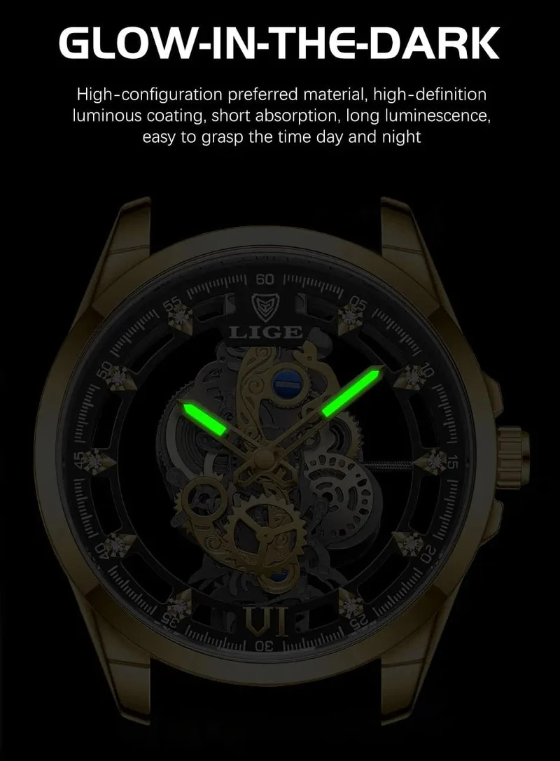 2024 LIGE Männer Uhr Skeleton Automatische Quarzuhr Gold Skeleton Vintage Mann Uhr Herren Uhren Top Brand Luxus часы мужские