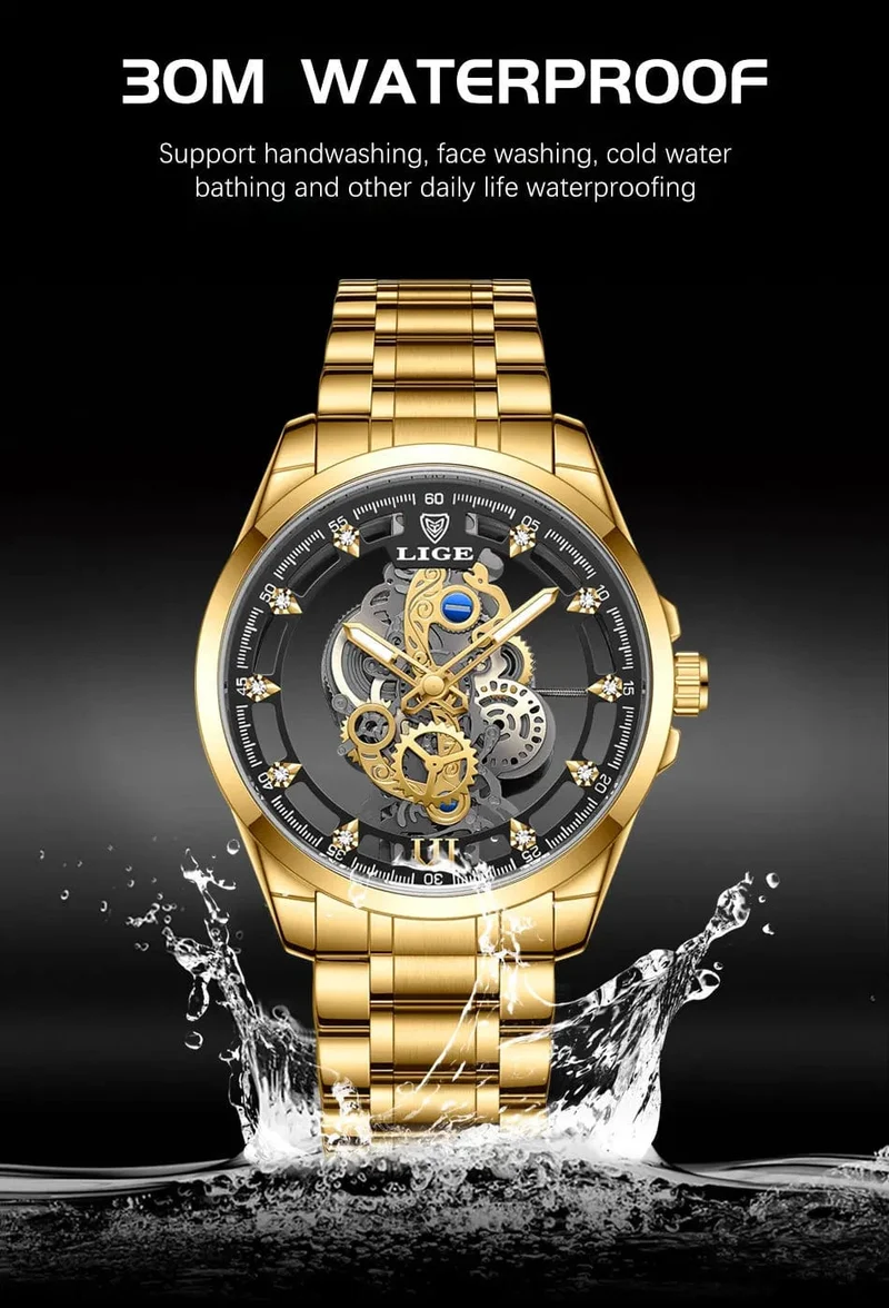 2024 LIGE Männer Uhr Skeleton Automatische Quarzuhr Gold Skeleton Vintage Mann Uhr Herren Uhren Top Brand Luxus часы мужские