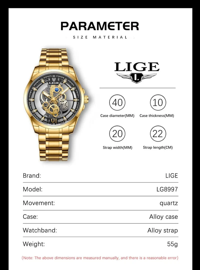 2024 LIGE Männer Uhr Skeleton Automatische Quarzuhr Gold Skeleton Vintage Mann Uhr Herren Uhren Top Brand Luxus часы мужские