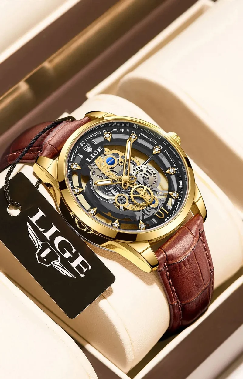 2024 LIGE Männer Uhr Skeleton Automatische Quarzuhr Gold Skeleton Vintage Mann Uhr Herren Uhren Top Brand Luxus часы мужские