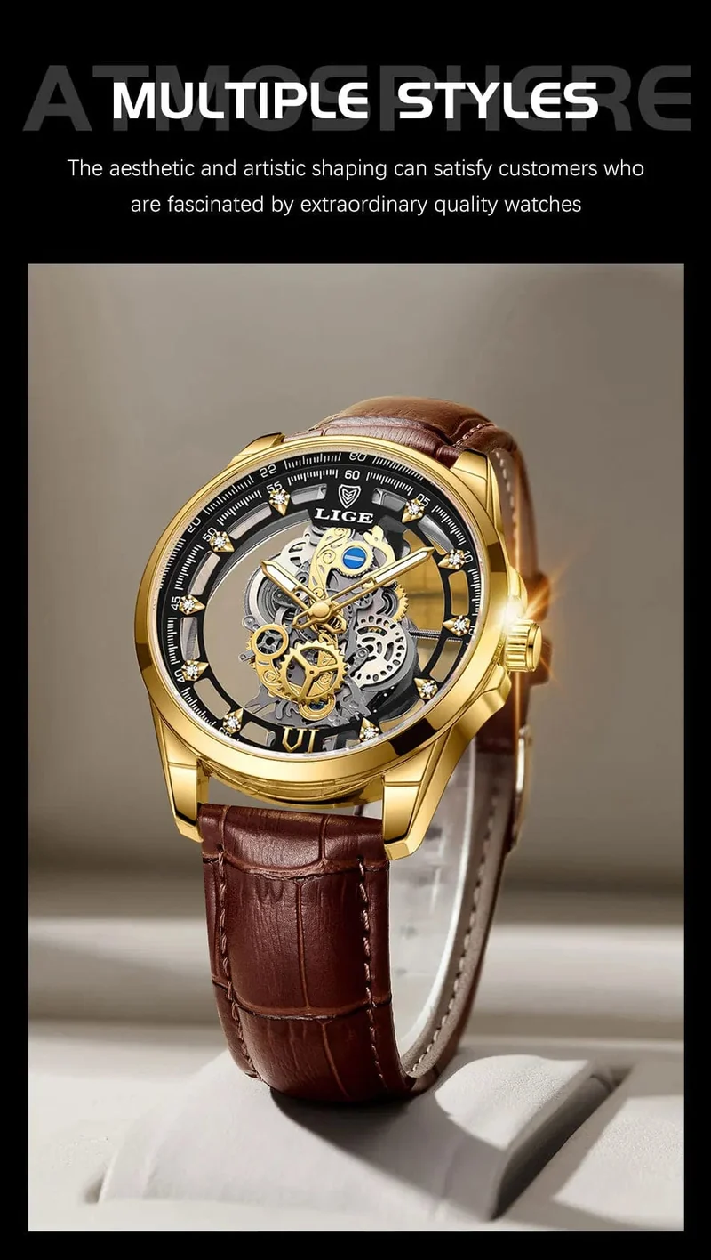 2024 LIGE Männer Uhr Skeleton Automatische Quarzuhr Gold Skeleton Vintage Mann Uhr Herren Uhren Top Brand Luxus часы мужские
