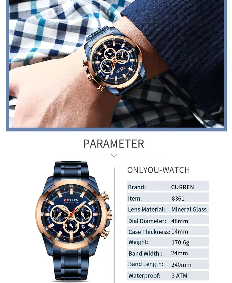 CURREN Herrenuhren Top-Marke Große Sportuhr Luxus Männer Militär Stahl Quarz Armbanduhren Chronograph Gold Design Männliche Uhr