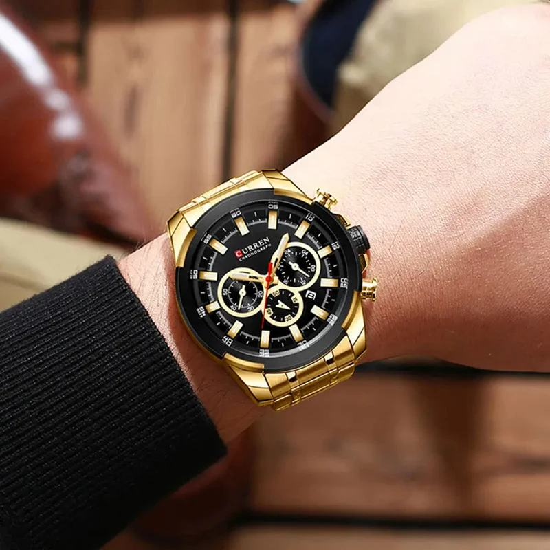 CURREN Herrenuhren Top-Marke Große Sportuhr Luxus Männer Militär Stahl Quarz Armbanduhren Chronograph Gold Design Männliche Uhr