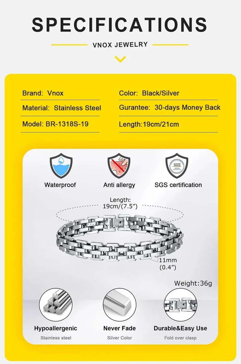 Vnox 11 mm Armband in Armbandform für Männer, Teenager, Jungen, Riemenkettenarmbänder, Edelstahlarmband in Schwarz und Silber