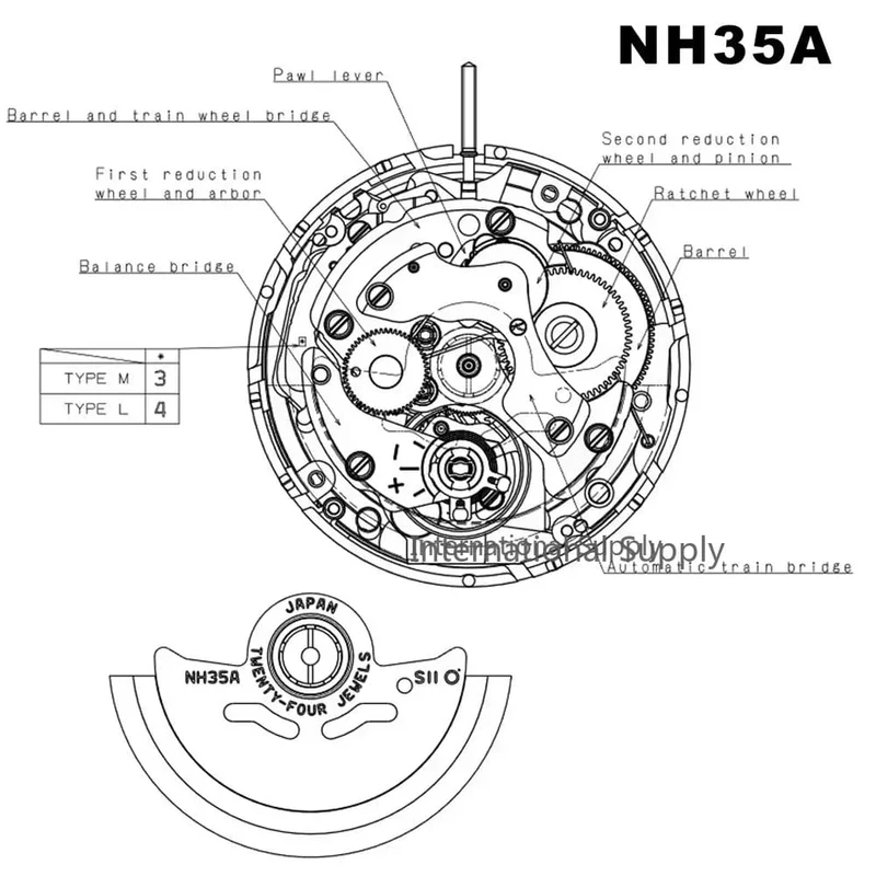 Mechanisches Uhrwerk NH35A aus Japan, weißes Datumsrad, 35 Steine, automatischer Selbstaufzug, hochpräzise Aufzugsspindel